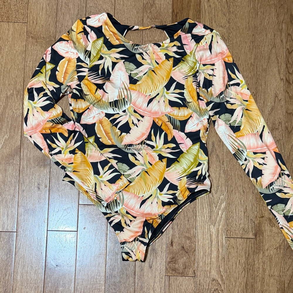 Billabong Tropical Print One Piece Swimsuit - Black, Pink, Yellow - Large